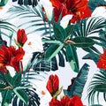 Tropical lilies flowers seamless pattern with blue leaves on white background.