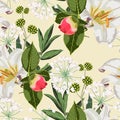 Seamless pattern with red peony bud, lilies flowers and herbs on yellow background. Royalty Free Stock Photo