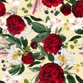 Seamless pattern with red peony, roses, lilies flowers and herbs on yellow background. Royalty Free Stock Photo
