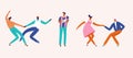 Set of dancing and playing music couples cartoon characters in vector in mid-century rockabilly style.