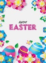 Happy Easter Poster with 3D Colorful Eggs and Papercraft Flowers and Leafs. Spring Event Vector Illustration. Place Your Text