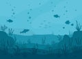 Sea underwater background. Marine sea bottom with underwater plants, corals and fishs.