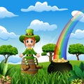 Happy girl leprechaun sitting on the wooden barrel