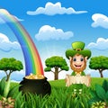 Leprechaun man with coin pot and hat on nature background Royalty Free Stock Photo