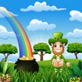 Leprechaun man with coin pot and hat on nature background Royalty Free Stock Photo