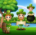 Leprechaun and Saint Patrick day characters with rainbow and pot of gold Royalty Free Stock Photo