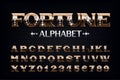 Fortune alphabet font. Vintage golden letters and numbers with diamond gemstones.