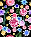 Seamless floral pattern on a black background.