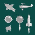 Isometric steampunk web elements, airship, airplane, porthole, lens, rocket and megaphone