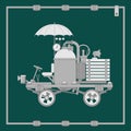Flat steampunk web element, techno frame, cart with the umbrella and steam tank