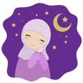 Muslim girl dreams on a purple background.