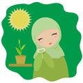 Muslim girl grows a plant. Vector illustration.