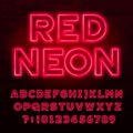 Red neon alphabet font. Red color light bulb capital letters and numbers. Royalty Free Stock Photo