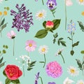 Seamless floral pattern with many kind of spring flowers on vintage mint background.