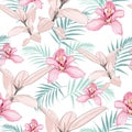 Pink orchids, exotic ficus and tropical palm leaves. Seamless pattern.