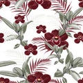 Burgundy orchids, exotic ficus and tropical palm leaves. Seamless pattern.