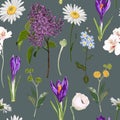 Seamless floral violet crocus and many kind of spring flowers seamless pattern on vintage dark background.