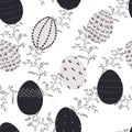 Illustrations of Easter decorative eggs pattern seamless. Black and white, modern design.