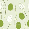 Easter seamless pattern for wrapping paper, illustration with colored eggs and spring snowdrop flowers. Royalty Free Stock Photo