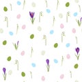 Easter seamless pattern for wrapping paper, illustration with colored eggs and spring crocus, snowdrop flowers. Royalty Free Stock Photo