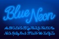 Blue Neon alphabet font. Blue neon color lowercase and uppercase script letters.