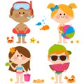 Children on summer vacations at the sea playing at the beach. Vector illustration