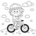 Child riding a bicycle at the park. Vector black and white coloring page.