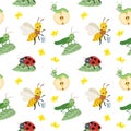 Vector seamless pattern of cartoon bugs on white background.