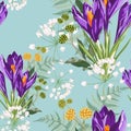 Violet crocus flowers with herbs bouquet seamless pattern. Watercolor style Illustration. Mint background. Royalty Free Stock Photo