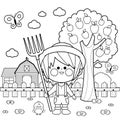 Farmer boy at the farm next to an apple tree. Vector black and white coloring page.