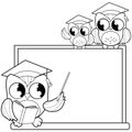 Cartoon owl teacher and students in the school classroom. Vector black and white coloring page.
