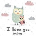 I Love You Mom print with cute owls Royalty Free Stock Photo