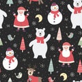 Christmas night seamless pattern with cute characters: polar bear, Santa Claus