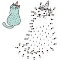 Connect the dots and draw a funny unicorn cat. Numbers game for children with caticorn