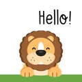 Hand drawn vector illustration of a cute funny lion face, with lettering quote Hello.