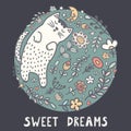 Sweet dreams card with a cute sleeping cat in the plants Royalty Free Stock Photo