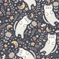 Adorable seamless pattern with a cute cat sleeping in the plants