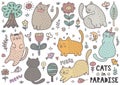 Cute cats collection with mouses, birds, trees, flowers and plants