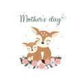 Cute animals for Mothers Day card. Deer Mom and Her Baby cartoon. Royalty Free Stock Photo