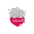 Happy Valentines Day. Cute couple elephants and hearts