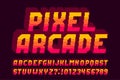 Pixel arcade alphabet font. 3D effect letters, numbers and symbols.