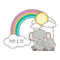 Elephant and baby swing on a rainbow. Mother`s day card vector illustration.