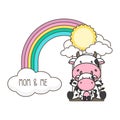 Cow and baby swing on a rainbow. Mother`s day card vector illustration. Royalty Free Stock Photo