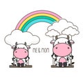 Cow and baby swing on a rainbow. Mother`s day card