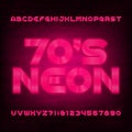 Red neon alphabet font in 70s style. Neon color light bulb letters and numbers. Royalty Free Stock Photo