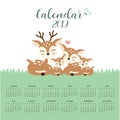 Calendar 2019 with cute deer family. Royalty Free Stock Photo