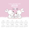 Calendar 2019 with cute rabbits. Hand drawn vector illustration