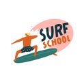 Surf school logo with funny character surfer catching the wave. Summer beach surfing illustration in vector Royalty Free Stock Photo