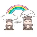 Hippo and baby swing on a rainbow. Mother`s day card vector illustration.