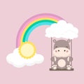 Hippo and baby swing on a rainbow. Mother`s day card vector illustration.